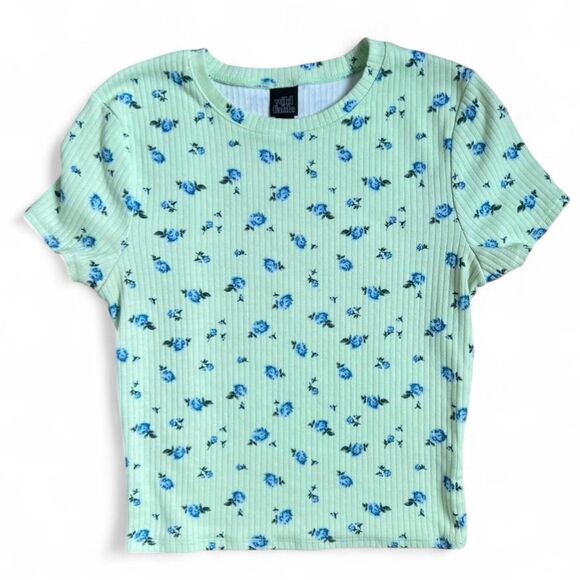 wild fable Tops - Green Cop Top Floral Ribbed Baby Tee Women’s Small